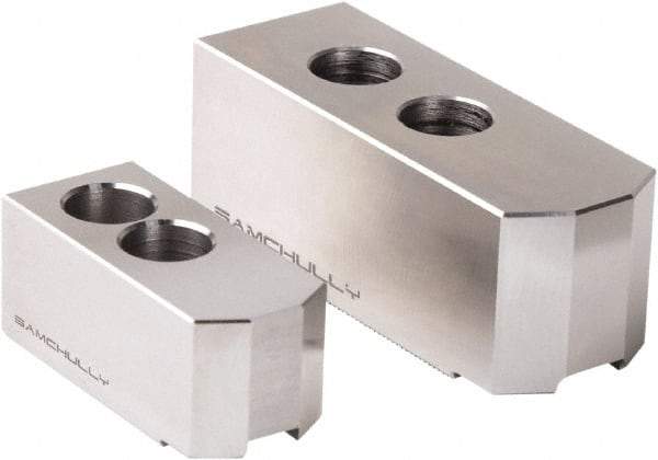 Samchully - 610mm Max Chuck Capacity, 3mm x 60° Serrated Interface, Square Soft Lathe Chuck Jaw - 3 Jaw, Steel, 60mm Btw Mount Hole Ctrs, 180mm Long, 65mm Wide, 70mm High, 25mm Groove, M20mm Fastener - Benchmark Tooling