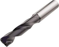 Seco - 19.8mm 140° Spiral Flute Solid Carbide Screw Machine Drill Bit - TiAlN Finish, Right Hand Cut, 131mm Flute Length, 131mm OAL, Conical Point, Straight Shank, Through Coolant - Benchmark Tooling