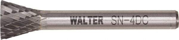 WALTER Surface Technologies - 1/4" Cut Diam, 1/4" Shank Diam, Inverted Cone Head Double Cut Burr - Tungsten Carbide, 1" LOC, 4" OAL - Benchmark Tooling