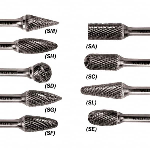 WALTER Surface Technologies - 3/8" Cut Diam, 1/4" Shank Diam, Cylinder Ball End Head Single Cut Burr - Tungsten Carbide, 3/4" LOC, 3-3/4" OAL - Benchmark Tooling