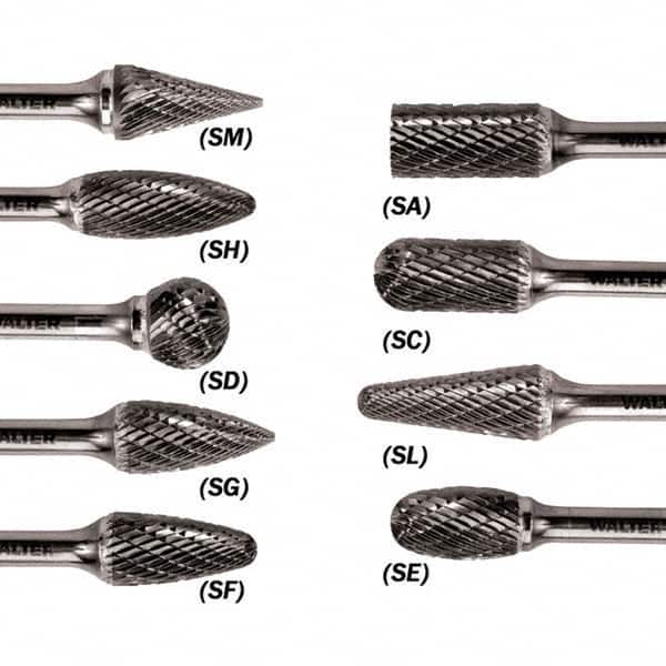 WALTER Surface Technologies - 3/8" Cut Diam, 1/4" Shank Diam, Cylinder Head Single Cut Burr - Tungsten Carbide, 3/4" LOC, 3-3/4" OAL - Benchmark Tooling