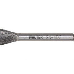WALTER Surface Technologies - 1/4" Cut Diam, 1/4" Shank Diam, Inverted Cone Head Double Cut Burr - Tungsten Carbide, 3/4" LOC, 4-3/4" OAL - Benchmark Tooling