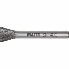WALTER Surface Technologies - 1/4" Cut Diam, 1/4" Shank Diam, Inverted Cone Head Double Cut Burr - Tungsten Carbide, 1/2" LOC, 4-1/2" OAL - Benchmark Tooling