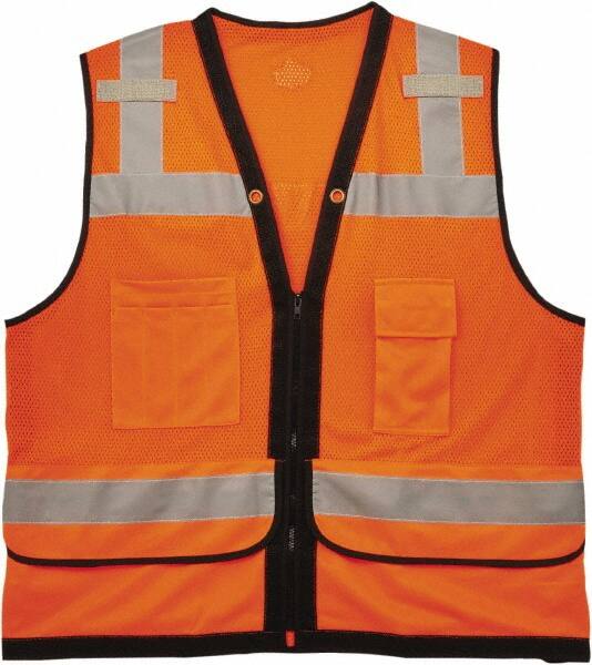 Ergodyne - Size 4X/5XL High Visibility Orange Mesh Surveyor's Vest - 58 to 64" Chest, ANSI 107-2015 Type R Class 2, Zipper Closure, 7 Pockets, Polyester - Benchmark Tooling