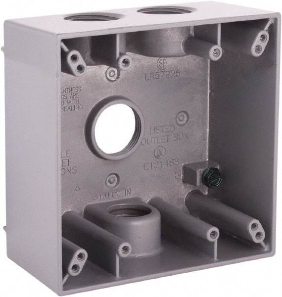 Hubbell-Raco - 2 Gang, (4) 3/4" Knockouts, Aluminum Square Device Box - 4-1/2" Overall Height x 2-1/4" Overall Depth, Weather Resistant - Benchmark Tooling