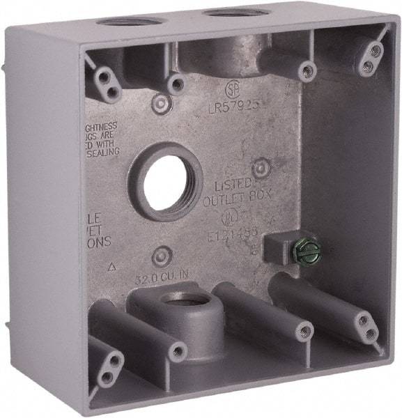 Hubbell-Raco - 2 Gang, (4) 1/2" Knockouts, Aluminum Square Device Box - 4-1/2" Overall Height x 2-1/4" Overall Depth, Weather Resistant - Benchmark Tooling