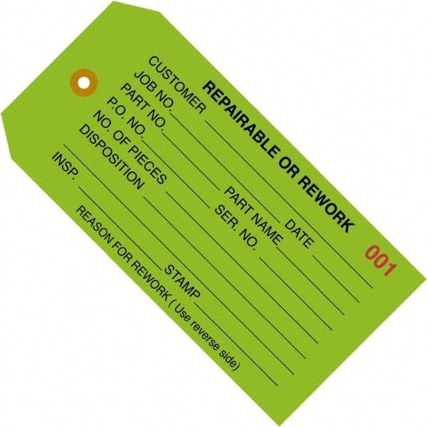 Made in USA - 4-3/4" High x 2-3/8" Long, REPAIRABLE OR REWORK, English Safety & Facility Inspection Tag - Green Cardstock - Benchmark Tooling