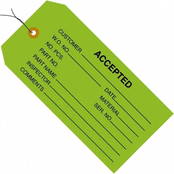 Made in USA - 4-3/4" High x 2-3/8" Long, ACCEPTED, English Safety & Facility Inspection Tag - Green Cardstock - Benchmark Tooling