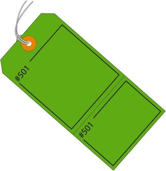 Made in USA - 4-3/4" High x 2-3/8" Long, Numbered, English Safety & Facility Retail Tag - Green Cardstock - Benchmark Tooling