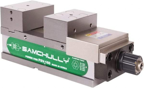 Samchully - 160mm Jaw Width, 160mm Jaw Opening Capacity, Horizontal Stationary Machine Vise - Manual Operation, 1 Station, 455.5mm Long x 58.4mm Deep, 60mm Jaw Height, Alloy Steel - Benchmark Tooling