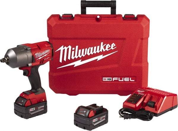 Milwaukee Tool - 1/2" Drive 18 Volt Pistol Grip Cordless Impact Wrench & Ratchet - 1,750 RPM, 0 to 2,100 BPM, 1,000 Ft/Lb Torque, 2 Lithium-Ion Batteries Included - Benchmark Tooling