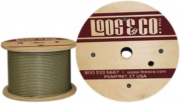 Loos & Co. - 500' Long, 1/8" x 3/32" Diam, Galvanized Steel Wire Rope - 920 Lb Breaking Strength, 7 x 7, Nylon Coating - Benchmark Tooling