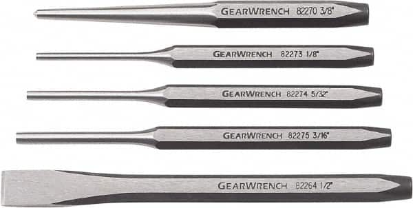 GearWrench - 5 Piece Cold Chisel, Center & Pin Punch Set - 3/8 to 1/2" Chisel, 3/8 to 1/2" Punch, Hex Shank - Benchmark Tooling