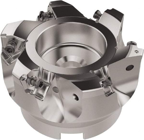 Seco - 80mm Cut Diam, 27mm Arbor Hole, 6.96mm Max Depth of Cut, 92° Indexable Chamfer & Angle Face Mill - 6 Inserts, XNEX080816 Insert, Right Hand Cut, 6 Flutes, Through Coolant, Series R220.79 - Benchmark Tooling