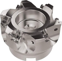 Seco - 80mm Cut Diam, 27mm Arbor Hole, 6.96mm Max Depth of Cut, 92° Indexable Chamfer & Angle Face Mill - 6 Inserts, XNEX080816 Insert, Right Hand Cut, 6 Flutes, Through Coolant, Series R220.79 - Benchmark Tooling