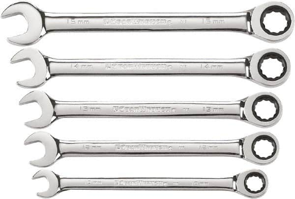 GearWrench - 5 Piece, 10mm to 15mm, 12 Point Combination Wrench Set - Metric Measurement Standard, Chrome Finish - Benchmark Tooling