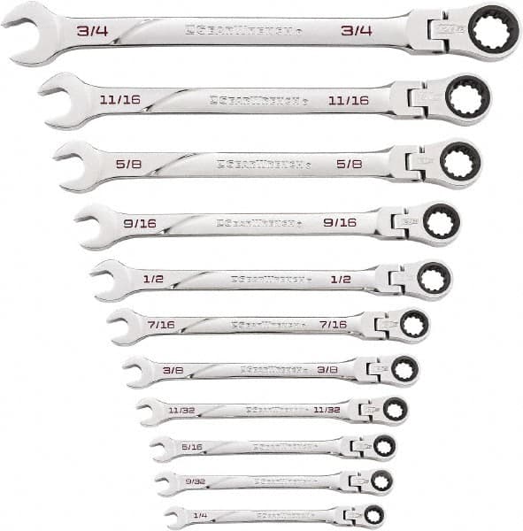 GearWrench - 11 Piece, 1/4" to 3/4", Ratcheting Flexhead Combination Wrench Set - Inch Measurement Standard, Chrome Finish - Benchmark Tooling