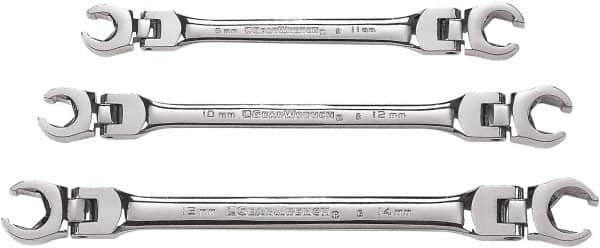 GearWrench - 3 Piece, 9mm to 14mm, Finger Ratcheting Wrench/Flare Nut Wrench Set - Metric Measurement Standard, Chrome Finish - Benchmark Tooling