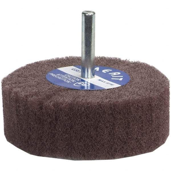 Merit Abrasives - 2" Diam x 1" Face Width, Medium Aluminum Oxide Nonwoven Mounted Flap Wheel - 1/4" Shank Mount, 12,000 Max RPM - Benchmark Tooling