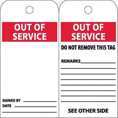 NMC - 4" High x 8" Long, OUT OF SERVICE, English Safety & Facility Accident Prevention Tag - 2 Sides, White Poly - Benchmark Tooling