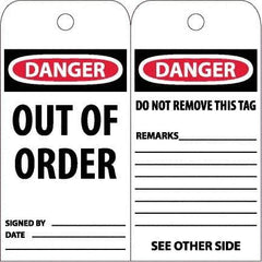 NMC - 4" High x 8" Long, DANGER - OUT OF ORDER, English Safety & Facility Accident Prevention Tag - Tag Header: Danger, 2 Sides, White Poly - Benchmark Tooling