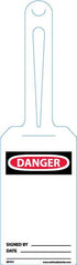 NMC - 11-1/4" High x 3-1/4" Long, DANGER - SIGNED BY____ DATE ____, English Safety & Facility Tag - Tag Header: Danger, 1 Side, White Unrippable Vinyl - Benchmark Tooling