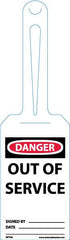 NMC - 11-1/4" High x 3-1/4" Long, Danger - Out of Service, English Safety & Facility Tag - Tag Header: Danger, 1 Side, White Unrippable Vinyl - Benchmark Tooling