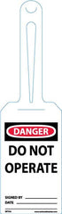 NMC - 11-1/4" High x 3-1/4" Long, DANGER - DO NOT OPERATE, English Safety & Facility Tag - Tag Header: Danger, 1 Side, White Unrippable Vinyl - Benchmark Tooling