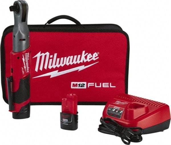 Milwaukee Tool - 1/2" Drive 12 Volt Pistol Grip Cordless Impact Wrench & Ratchet - 175 RPM, 60 Ft/Lb Torque, 2 Lithium-Ion Batteries Included - Benchmark Tooling