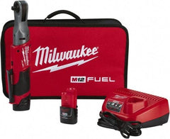 Milwaukee Tool - 3/8" Drive 12 Volt Pistol Grip Cordless Impact Wrench & Ratchet - 200 RPM, 55 Ft/Lb Torque, 2 Lithium-Ion Batteries Included - Benchmark Tooling