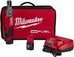 Milwaukee Tool - 1/4" Drive 12 Volt Pistol Grip Cordless Impact Wrench & Ratchet - 250 RPM, 40 Ft/Lb Torque, 2 Lithium-Ion Batteries Included - Benchmark Tooling