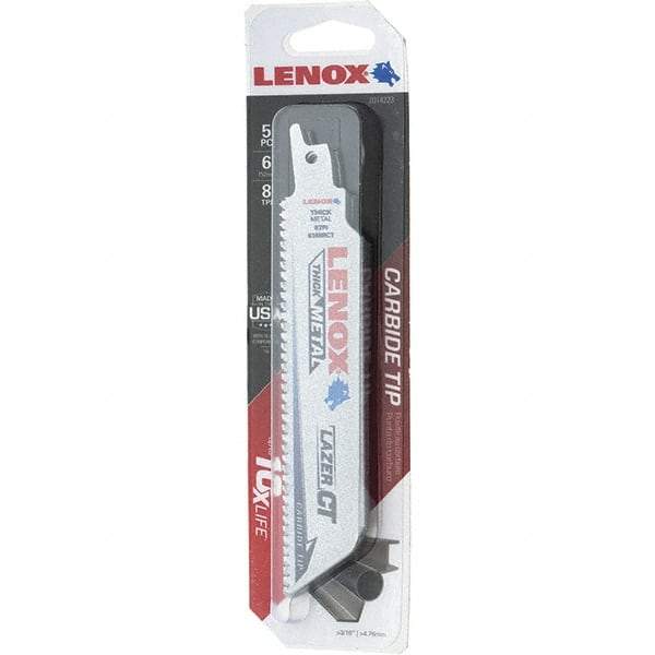 Lenox - 6" Long x 1" Thick, Bi-Metal Reciprocating Saw Blade - Tapered Profile, 8 TPI, Toothed Edge, Tang Shank - Benchmark Tooling