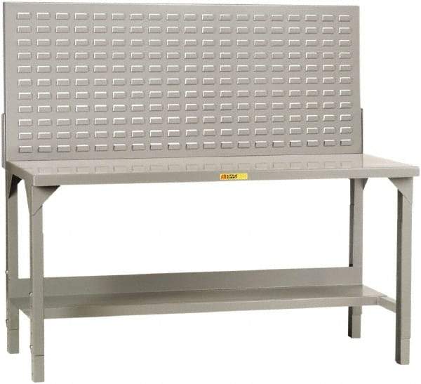 Little Giant - 60 Wide x 30" Deep x 51" High, 12 Gauge Steel Heavy-Duty Workbench with Louvered Panel - Adjustable Height Legs, Gray - Benchmark Tooling