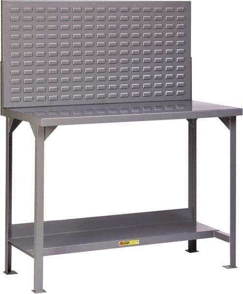 Little Giant - 72 Wide x 30" Deep x 60" High, 12 Gauge Steel Heavy-Duty Workbench with Louvered Panel - Fixed Legs, Gray - Benchmark Tooling