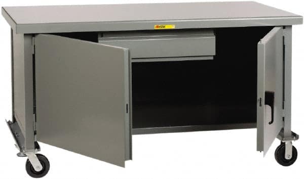 Little Giant - 3,600 Lb Capacity, 2 Shelf, 1 Drawer, 2 Door Mobile Heavy-Duty Workbench Cabinet - 72" Wide x 36" Deep x 37-1/2" High, Steel, Gray - Benchmark Tooling