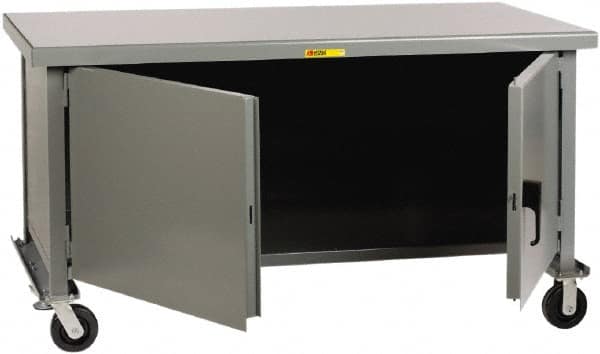 Little Giant - 3,600 Lb Capacity, 2 Shelf, 2 Door Mobile Heavy-Duty Workbench Cabinet - 48" Wide x 30" Deep x 37-1/2" High, Steel, Gray - Benchmark Tooling