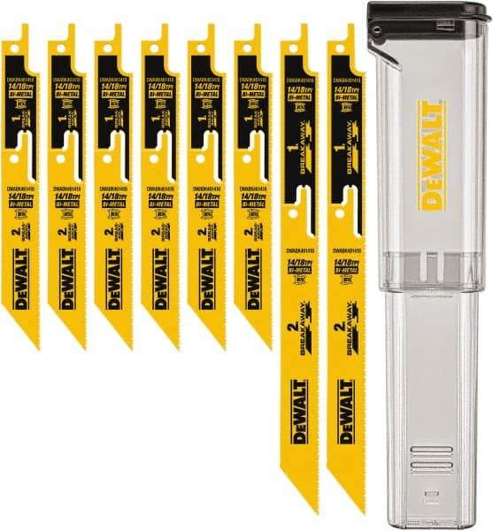 DeWALT - 8 Pieces, 6" to 9" Long x 0.04" Thickness, Bi-Metal Reciprocating Saw Blade Set - Straight Profile, 10-14 to 18 Teeth, Toothed Edge - Benchmark Tooling