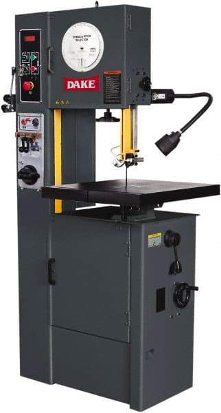 Dake - 15-1/2" Throat Capacity, Variable Speed Pulley Vertical Bandsaw - 25 to 1,200 SFPM, 2 hp, Three Phase - Benchmark Tooling