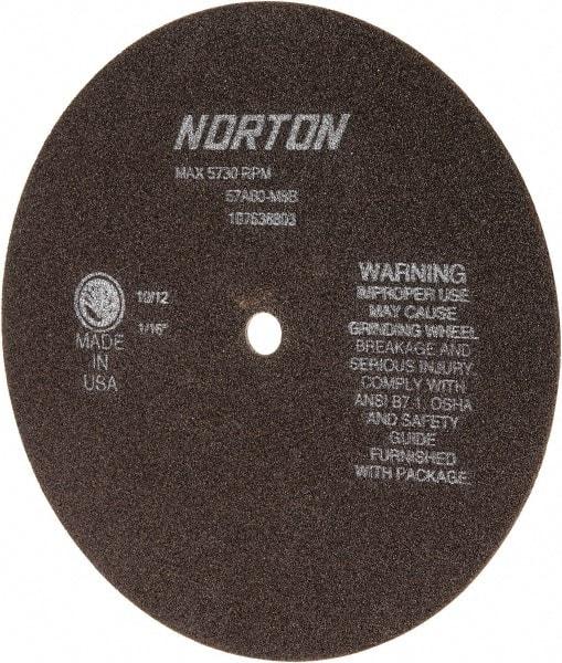 Norton - 8" 60 Grit Aluminum Oxide Cutoff Wheel - 1/16" Thick, 1/2" Arbor, 5,730 Max RPM, Use with Stationary Grinders - Benchmark Tooling
