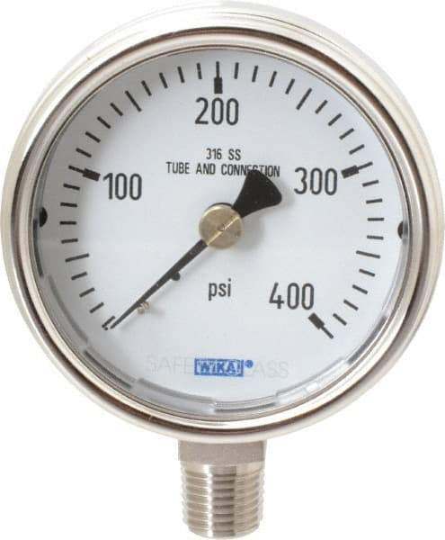 Wika - 2-1/2" Dial, 1/4 Thread, 0-400 Scale Range, Pressure Gauge - Lower Connection Mount, Accurate to 2-1-2% of Scale - Benchmark Tooling