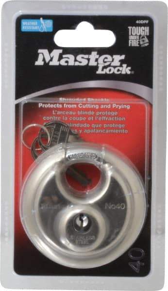 Master Lock - 3/4" Shackle Clearance, Keyed Different Shielded Shackle Disk Lock Padlock - 3/8" Shackle Diam, Stainless Steel - Benchmark Tooling