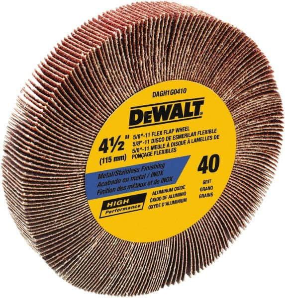 DeWALT - 4-1/2" Diam, 40 Grit Aluminum Oxide Unmounted Flap Wheel - 5/8-11 Thread, 1-1/8" Wide, Coated, Coarse Grade, 13,300 Max RPM - Benchmark Tooling