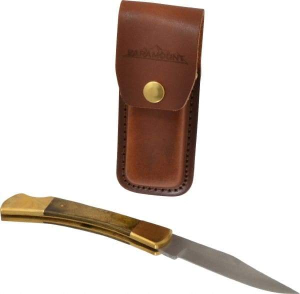 Paramount - 3-3/4" Blade, 8-1/2" OAL, Clip Point Folding Knife - 4-3/4" Closed Length, Wood, 1 Blade, Solid Brass Bolsters & Pins/Leather Sheath - Benchmark Tooling