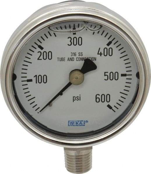 Wika - 2-1/2" Dial, 1/4 Thread, 0-600 Scale Range, Pressure Gauge - Lower Connection Mount, Accurate to 2-1-2% of Scale - Benchmark Tooling