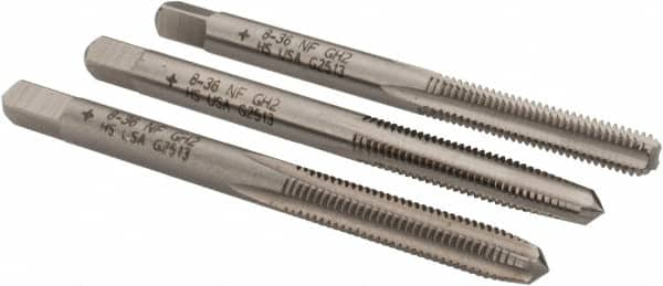 Cleveland - #8-36 UNF, 4 Flute, Bottoming, Plug & Taper, Bright Finish, High Speed Steel Tap Set - Right Hand Cut, 2-1/8" OAL, 0.38" Thread Length - Benchmark Tooling