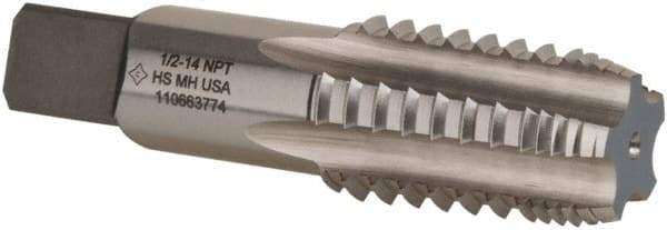 Cleveland - 1/2-14 NPT, 4 Flutes, Bright Finish, High Speed Steel, Interrupted Thread Pipe Tap - 3-1/8 Inch Overall Length, 11/16 Inch Shank Diameter, 1-3/8 Inch Thread Length, 0.51 Inch Square Size, Regular Hook, Plug Chamfer - Benchmark Tooling