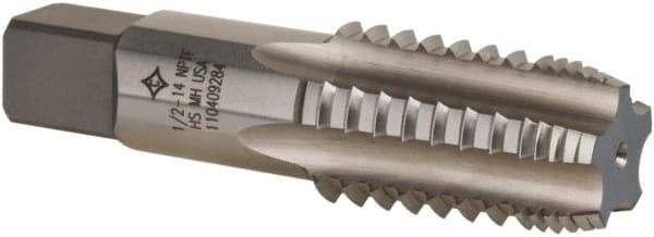 Cleveland - 1/2-14 NPTF, 4 Flutes, Bright Finish, High Speed Steel, Interrupted Thread Pipe Tap - 3-1/8 Inch Overall Length, 11/16 Inch Shank Diameter, 1-3/8 Inch Thread Length, 0.51 Inch Square Size, Regular Hook, Plug Chamfer - Benchmark Tooling