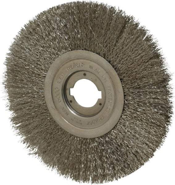 Weiler - 8" OD, 1-1/4" Arbor Hole, Crimped Stainless Steel Wheel Brush - 3/4" Face Width, 2-1/16" Trim Length, 0.0118" Filament Diam, 6,000 RPM - Benchmark Tooling