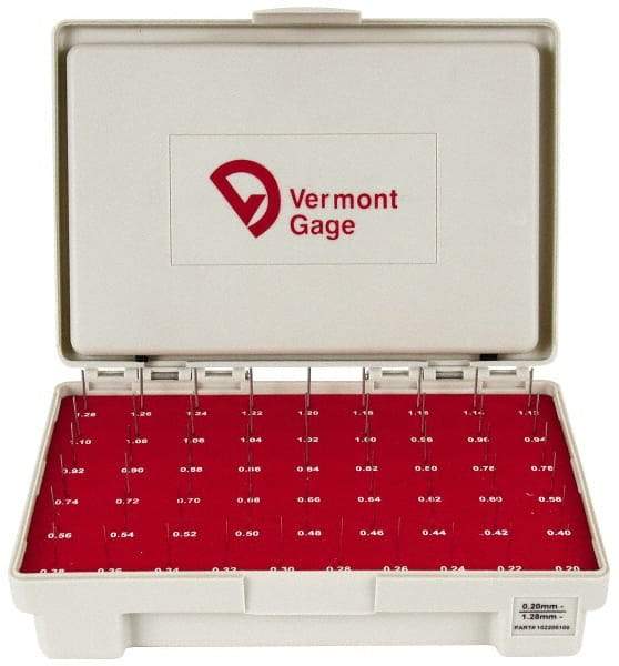 Vermont Gage - 55 Piece, 0.2-1.28 mm Diameter Plug and Pin Gage Set - Minus 0.01 mm Tolerance, Class ZZ - Benchmark Tooling