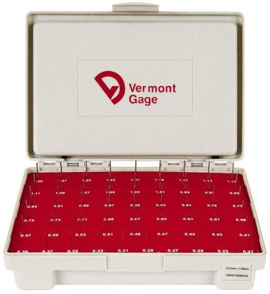 Vermont Gage - 55 Piece, 0.21-1.29 mm Diameter Plug and Pin Gage Set - Minus 0.01 mm Tolerance, Class ZZ - Benchmark Tooling